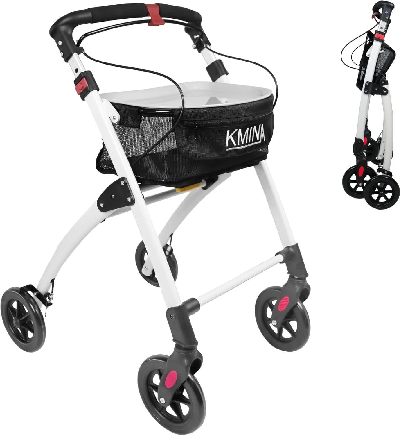 KMINA narrow walker with four wheels, hand brakes, tray, and storage basket