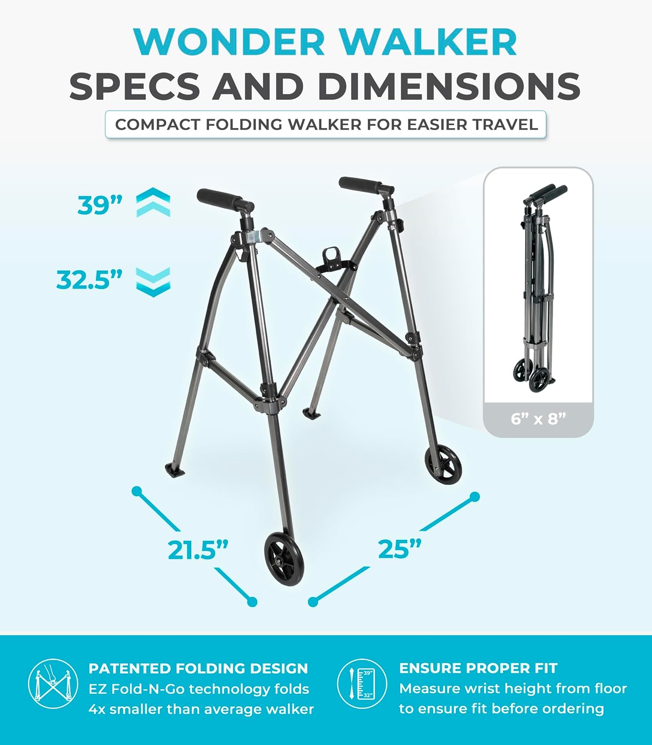 Stander Wonder Walker 4280-BW specs diagram showing 25-inch width and 21.5-inch depth