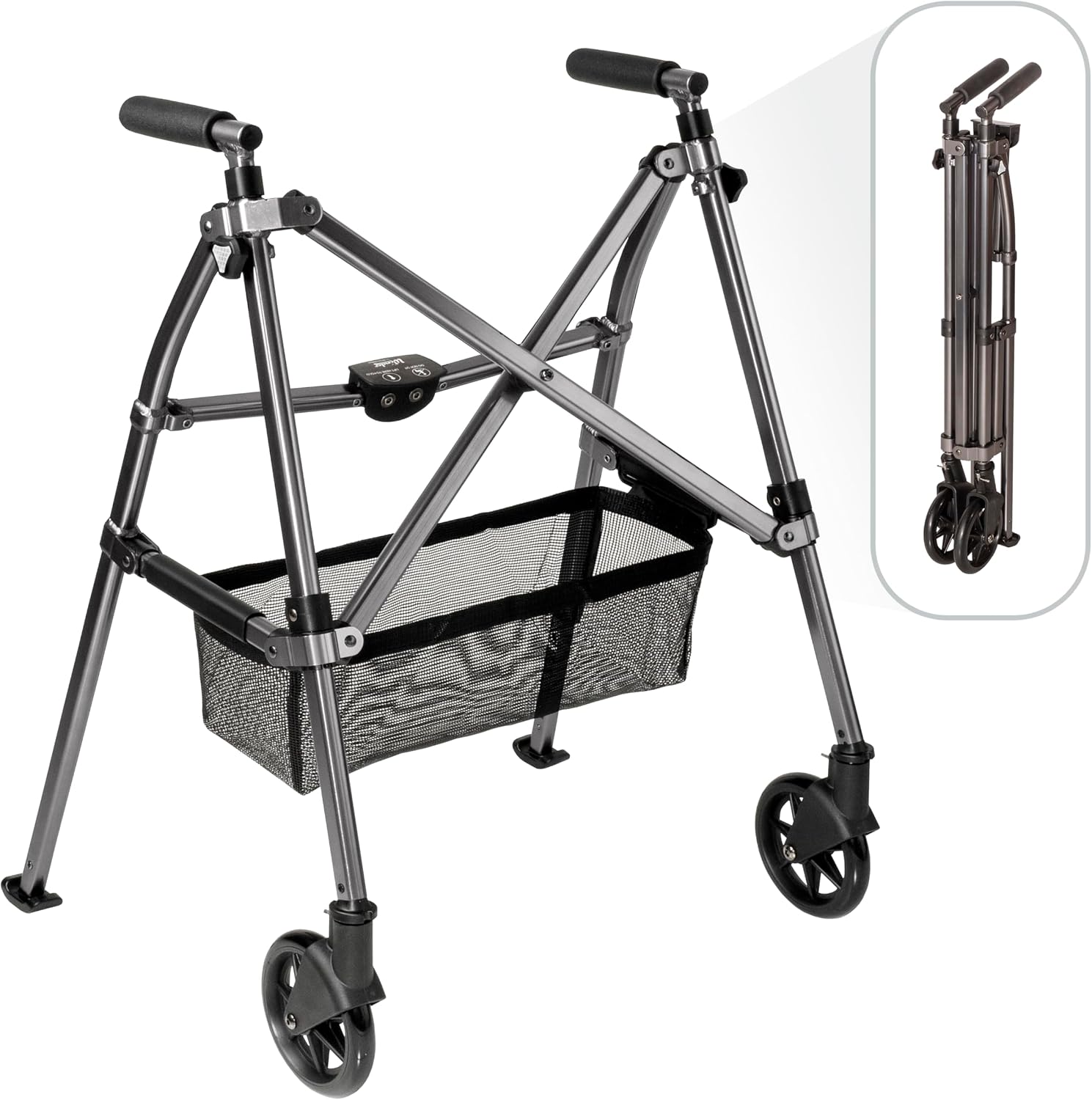 Stander Wonder Walker Plus 4300-BW folding walker with swivel wheels and storage basket